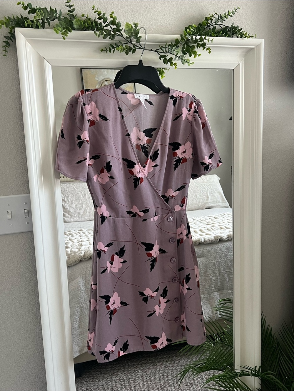 Leith Mauve Floral Wrap Mini Dress with Pink Blooms